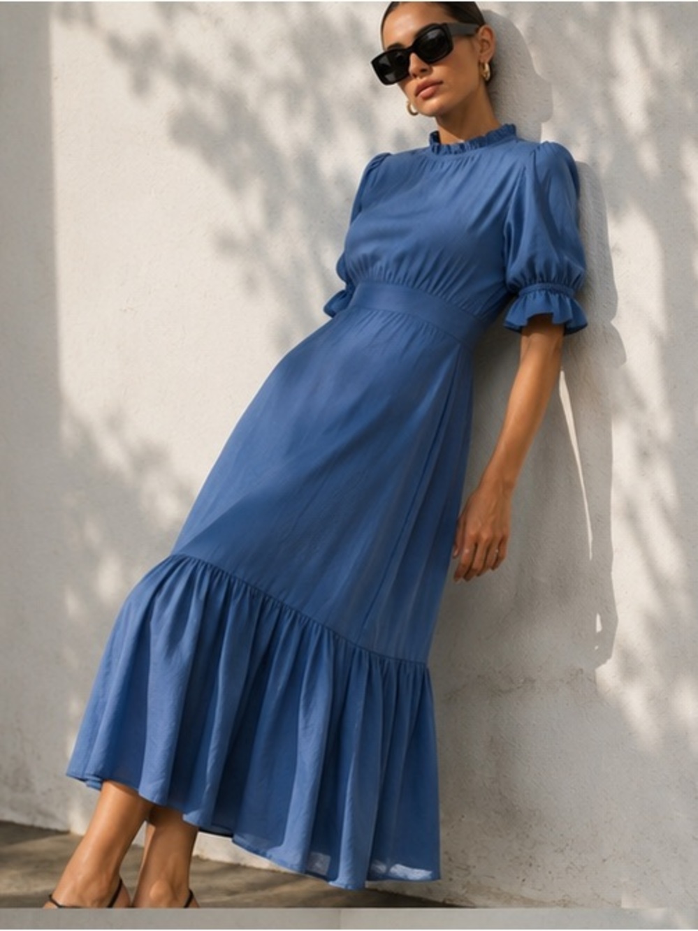 Elegant Dusty Blue Chiffon Midi Dress (Size 12/M)